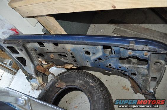 blue vehicle fender area with rust and a tire underneath