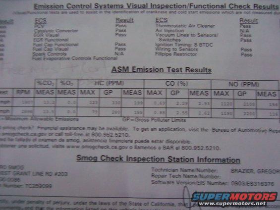 Smog check document with emission test results and inspection station information