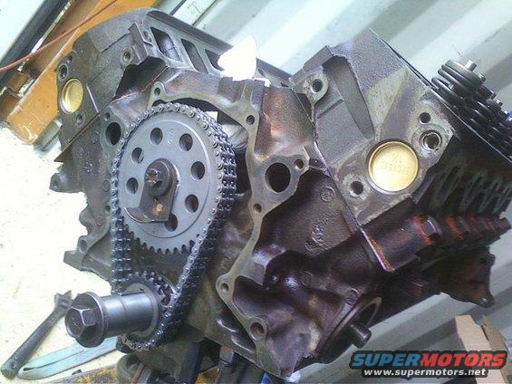 Engine block showing timing chain and gears. A brass plug is visible on the side