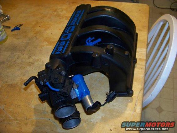Black Ford 5.0 HO intake manifold with blue lettering and blue sensor