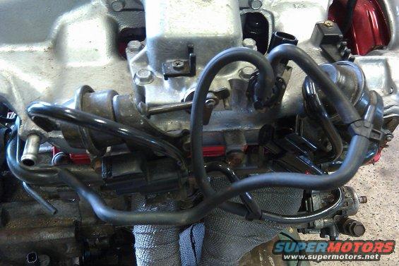 close-up of engine intake manifold with black hoses and some red accents
