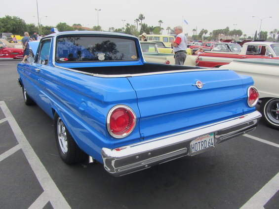 Blue 1964 Ford Ranchero rear view, California license plate HOTRD 64. Other cars visible in background