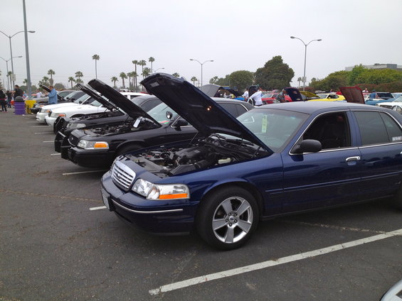 Blue 2004 Ford Crown Victoria with hood open, parked in a line with other cars