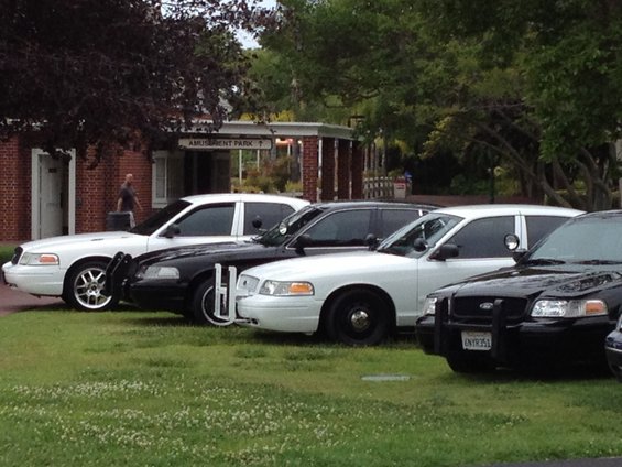 Four Ford Crown Victoria police cars parked on grass, two white and two black. One white car has a push bumper
