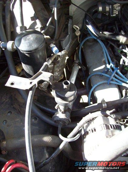 Engine bay emission control components, including a black canister and blue hoses