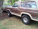 1984 Ford Bronco - This Ford Bronco is parked on a grassy lawn, with a small utility trailer attached to its rear.