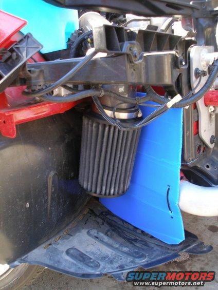 Engine intake filter with black casing and blue plastic shroud