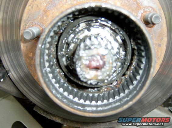 s3500516.jpg Once you have the front part of the auto hub out, there is a small C-clip holding the second half in, there are also 3 washers that should go Splined metal-plastic-Metal from outside to in.