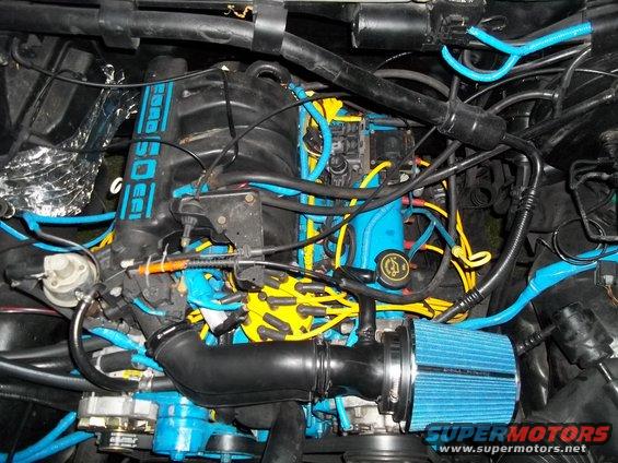 Engine bay with blue and yellow wiring, black intake manifold with blue text, and a blue air filter