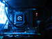 1987 Polaris Indy 600 - Close-up of a computer's internal components, illuminated by blue LEDs, a Corsair CPU cooler.
