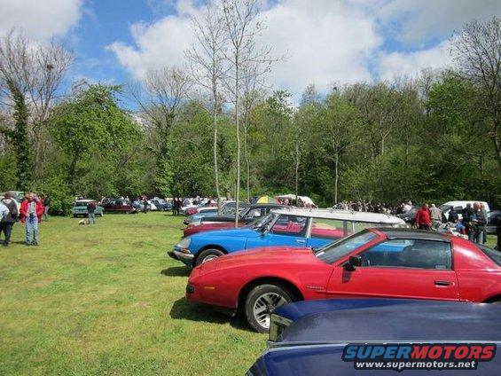 Cars parked on grass at an outdoor event with trees and people around