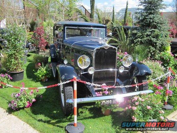 Dark colored vintage car with a prominent grille and round headlights, parked outdoors surrounded by plants and flowers. License plate reads 7584 R N