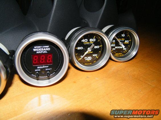 Close-up of three Auto Meter gauges: Wideband Air/Fuel, Fuel Pressure, and Boost