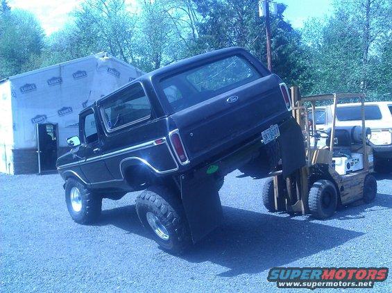 Black 1979 Ford Bronco lifted by forklift, rear view