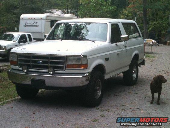 1992 Ford Bronco parked next to a white pickup truck and a camper trailer, with a brown dog standing nearby