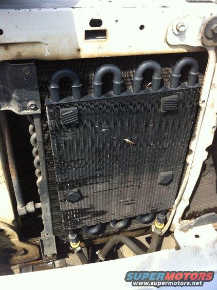 Power steering cooler with black fins and metal tubes, attached to a white vehicle frame