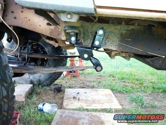 Close-up of aftermarket suspension linkage on a vehicle frame