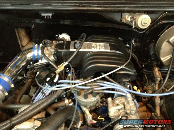 Engine bay with chrome intake piping, black intake manifold, and blue spark plug wires
