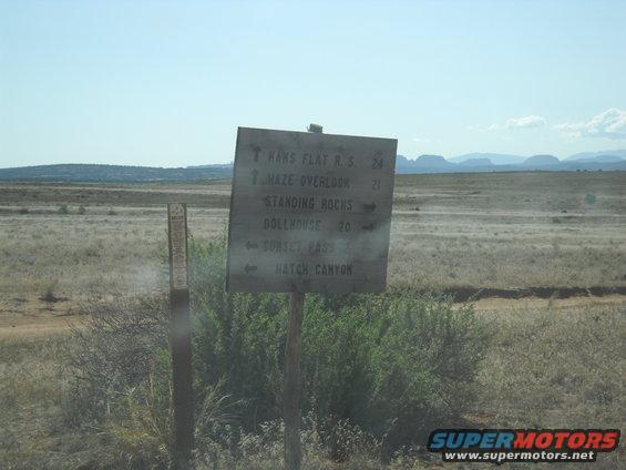 Wooden signpost with directions to Haws Flat R.S., Maze Overlook, Standing Rocks, Dollhouse, Sunset Pass, and Hatch Canyon