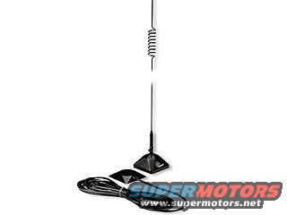 Car antenna with coiled spring base and black cable, Supermotors.net logo visible