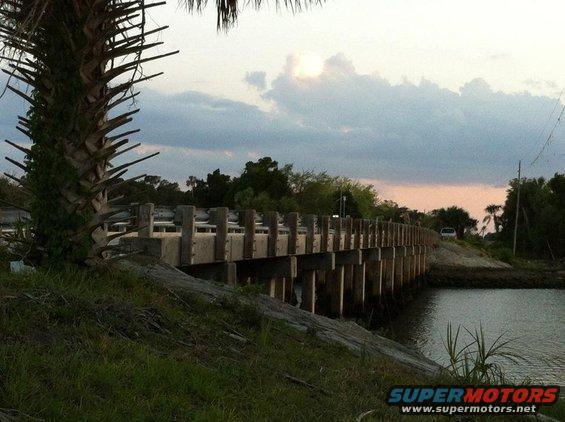 Bridge over water with a palm tree in the foreground and a distant vehicle