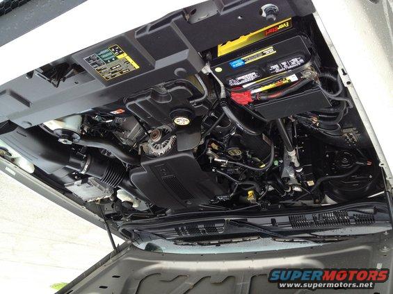 Engine bay of a 2005 Ford Crown Victoria, showing the battery and engine components