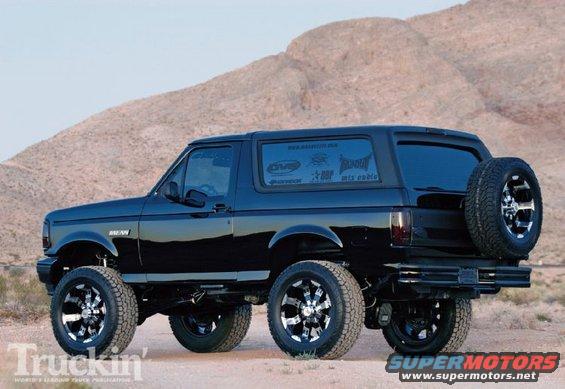 Black Ford Bronco parked in a desert landscape, side view with spare tire on the back