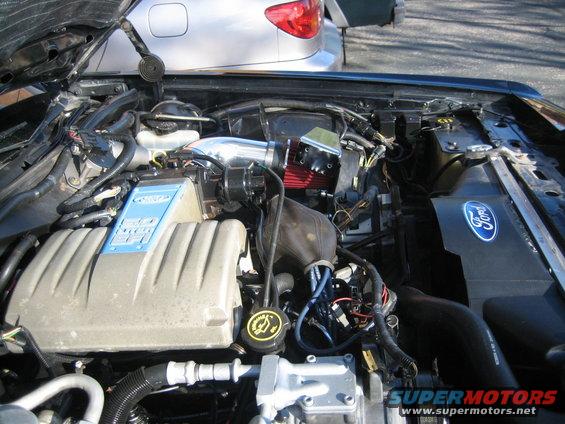 Engine bay of a Ford vehicle, showing the intake manifold and air filter