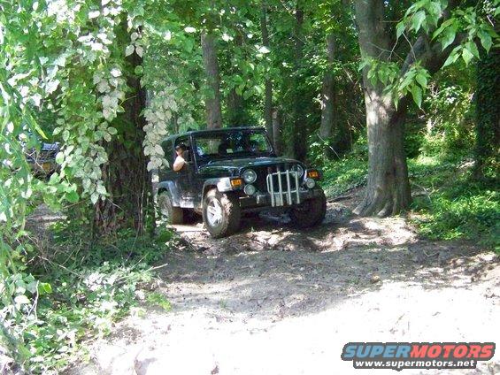 Black Jeep Wrangler on a wooded dirt trail, another vehicle visible behind