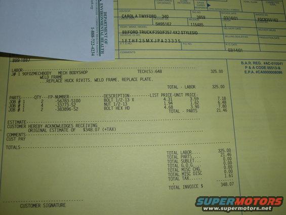 Repair invoice for 1988 Ford F-250 truck frame work