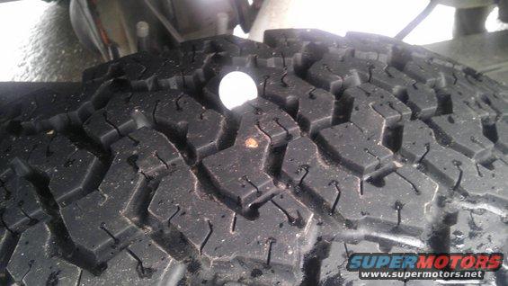 Close-up of a tire tread with a coin on it