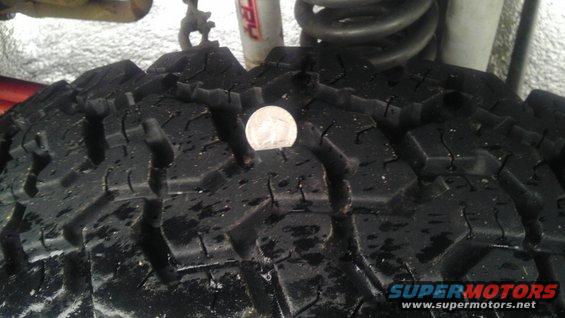 Close-up of a tire tread with a quarter on it. Some suspension parts are visible in the background