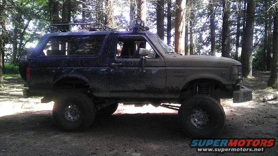 Lifted Ford Bronco parked in woods. Has roof rack and spare tire on back