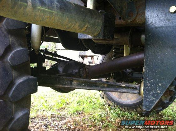 Close-up of the suspension and drivetrain components of a 4x4 vehicle, showing large tires and heavy-duty axles