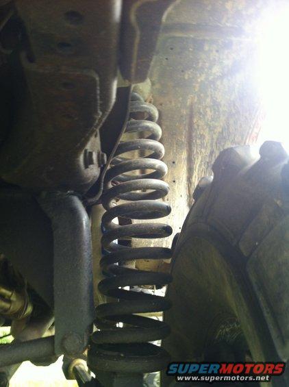 Close-up of a vehicle's suspension coil spring and part of a tire