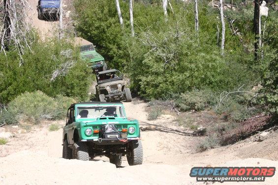 Green 1966 Ford Bronco leads a line of off-road vehicles up a dirt trail