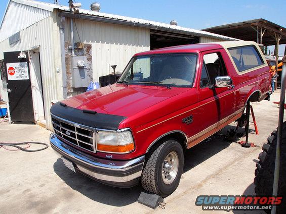 Red 1994 Ford Bronco with tan top, raised on jack stands in front of a workshop