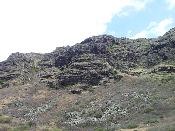 Rocky mountain slope with dry brush and scattered rocks under a cloudy sky
