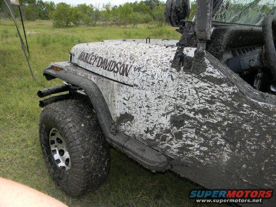 Mud-splattered Jeep Wrangler showing Harley-Davidson decal on hood