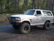 1994 Ford Bronco - 1994 Ford Bronco with aftermarket bumper and tires sits on a dirt road surrounded by trees.
