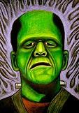 Green Frankenstein's monster head with bolts on neck, wavy background