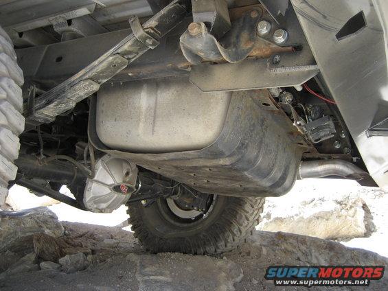 Undercarriage view of a vehicle's rear axle, fuel tank, and leaf springs