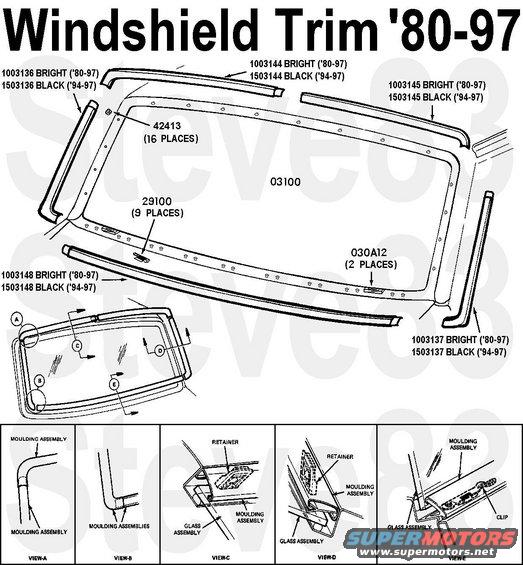 windshieldmoulding.jpg Windshield Reveal Mouldings '80-97 are polished Aluminum, but '94-up are typically blacked (possibly anodized or dipped).

EOTZ-1003144-A Top right bright
F1TZ1503144AJ Top right black
EOTZ-1003145-A Top left bright
F1TZ1503145AJ Top left black
EOTZ-1003136-A Right side bright
F1TZ1503136AJ Right side black
EOTZ-1003137-A Left side bright
F1TZ1503137AJ Left side black
F1TZ1503148AJ	Lower black
EOTZ-1003148-A Lower bright
E1DZ-6629100-A [url=https://www.tascaparts.com/oem-parts/ford-clamp-moulding-e1dz6629100a]Lower clip[/url] ([url=https://shop.broncograveyard.com/1980-1997-Ford-Bronco-F-Series-Truck-Windshield-Lower-Trim-Clip/productinfo/35197/]clip & rivet kit[/url])
D1AZ-6542413-B Retainer [url=https://www.amazon.com/dp/B001Q5HMKO/]Au-Ve-Co 8941[/url] [url=https://www.amazon.com/dp/B001Q5GCLO/]Au-Ve-Co 8941[/url]
030A12 Shim (plastic ramps)

See also:
[url=https://www.supermotors.net/registry/media/1159351][img]https://www.supermotors.net/getfile/1159351/thumbnail/20200507_153609.jpg[/img][/url] . [url=https://www.supermotors.net/registry/media/1077748][img]https://www.supermotors.net/getfile/1077748/thumbnail/wstrimdtl.jpg[/img][/url] . [url=https://www.supermotors.net/registry/media/515203][img]https://www.supermotors.net/getfile/515203/thumbnail/wstool_.jpg[/img][/url] . [url=https://www.supermotors.net/vehicles/registry/media/515204][img]https://www.supermotors.net/getfile/515204/thumbnail/ws_tool1.jpg[/img][/url] . [url=https://www.supermotors.net/vehicles/registry/media/515205][img]https://www.supermotors.net/getfile/515205/thumbnail/ws_tool4.jpg[/img][/url] . [url=https://www.supermotors.net/vehicles/registry/media/515206][img]https://www.supermotors.net/getfile/515206/thumbnail/ws_tool5.jpg[/img][/url] . [url=https://www.supermotors.net/vehicles/registry/media/515207][img]https://www.supermotors.net/getfile/515207/thumbnail/ws_tool9.jpg[/img][/url] . [url=https://www.supermotors.net/vehicles/registry/media/515208][img]https://www.supermotors.net/getfile/515208/thumbnail/ws_tool7.jpg[/img][/url] . [url=https://www.supermotors.net/registry/media/861043][img]https://www.supermotors.net/getfile/861043/thumbnail/56wstrimleaves.jpg[/img][/url] . [url=https://www.supermotors.net/vehicles/registry/media/690344][img]https://www.supermotors.net/getfile/690344/thumbnail/wsclips.jpg[/img][/url] . [url=https://www.supermotors.net/vehicles/registry/media/862576][img]https://www.supermotors.net/getfile/862576/thumbnail/wstrimbk95.jpg[/img][/url] . [url=https://www.supermotors.net/vehicles/registry/media/859762][img]https://www.supermotors.net/getfile/859762/thumbnail/wstrimbk.jpg[/img][/url]