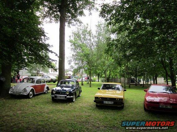 Four cars parked on grass under trees: a two-tone VW Beetle, a dark sedan, a yellow sedan, and a red coupe