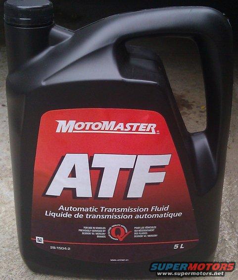 Black plastic bottle of Motomaster ATF Automatic Transmission Fluid, 5L size