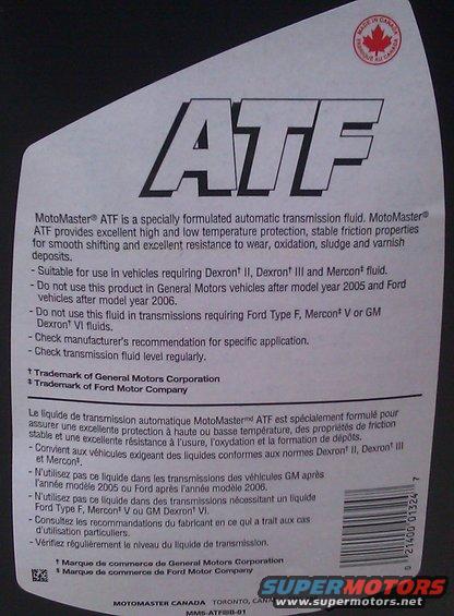 Label for MotoMaster ATF automatic transmission fluid, lists compatibility and usage instructions