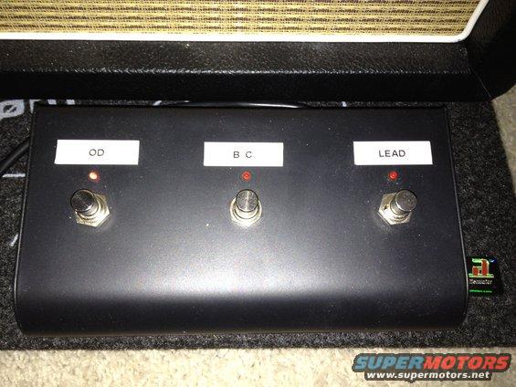 Black foot switch pedal with three buttons labeled OD, BC, and LEAD, each with a red indicator light