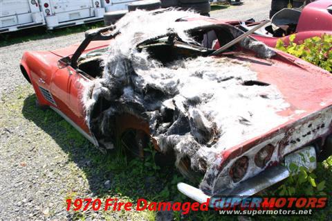 Fire-damaged red convertible with extensive damage to the rear and interior. Text overlay reads '1970 Fire Damaged SUPERMOTORS'