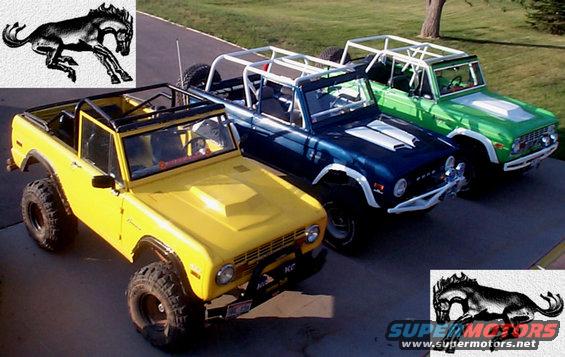 Yellow, blue, and green 1977 Ford Broncos lined up