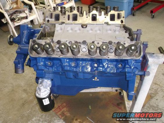 Blue Ford V8 engine block with valve covers and oil filter. Text on oil filter is visible